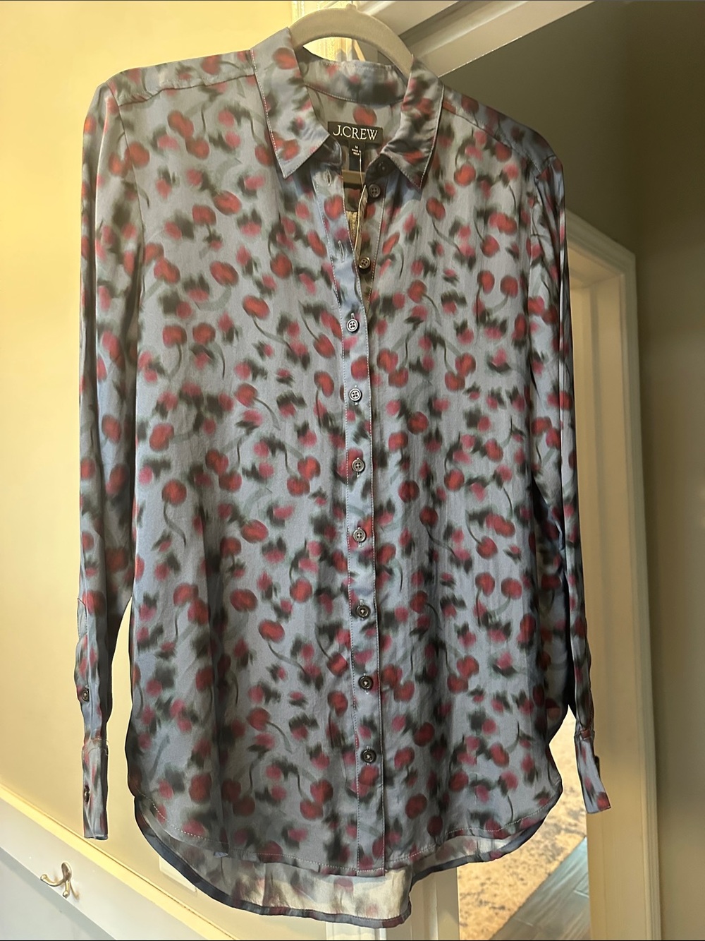 J. Crew Blue Button-Up Blouse with muted cherry Print